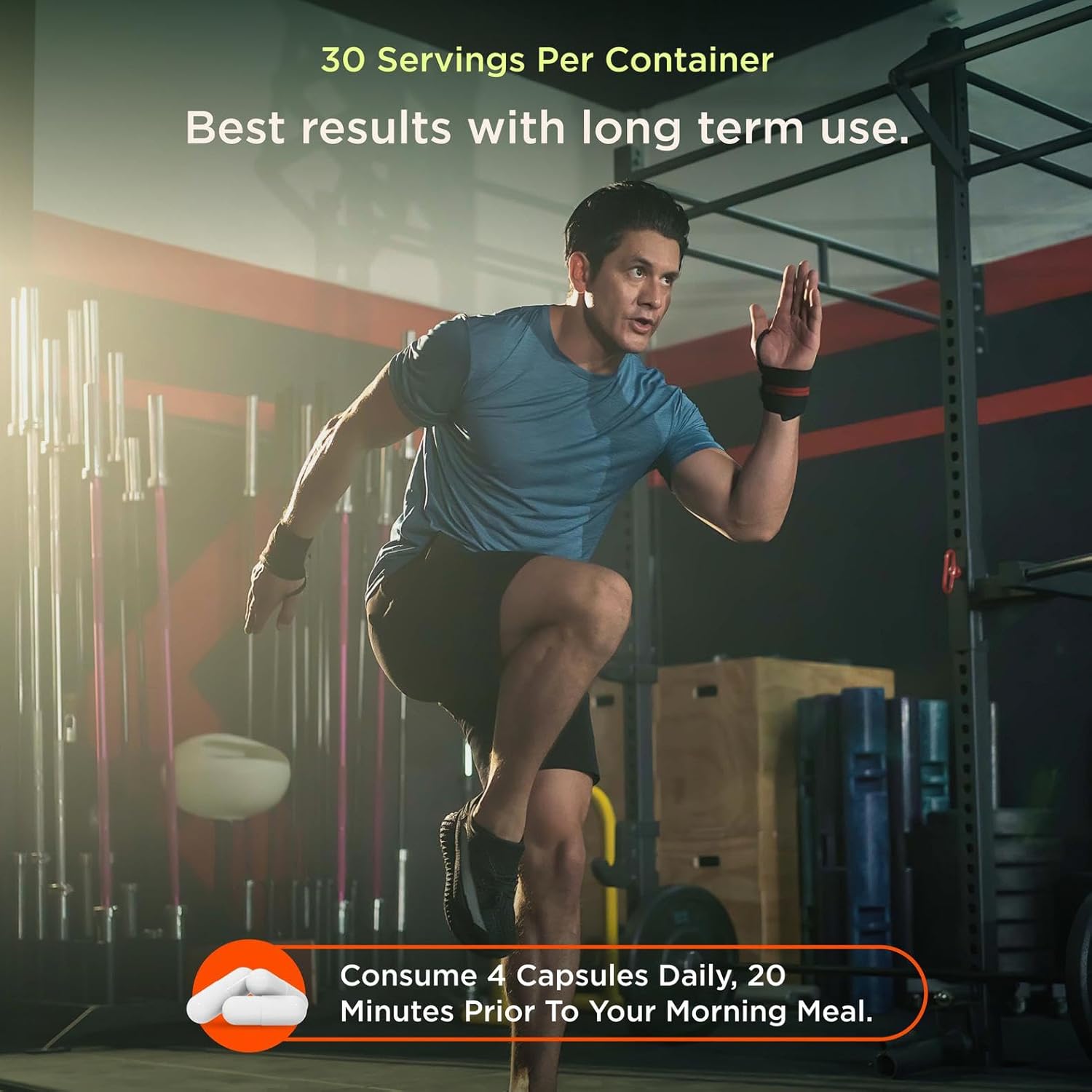 Man exercising in a gym with fitness supplement information overlay