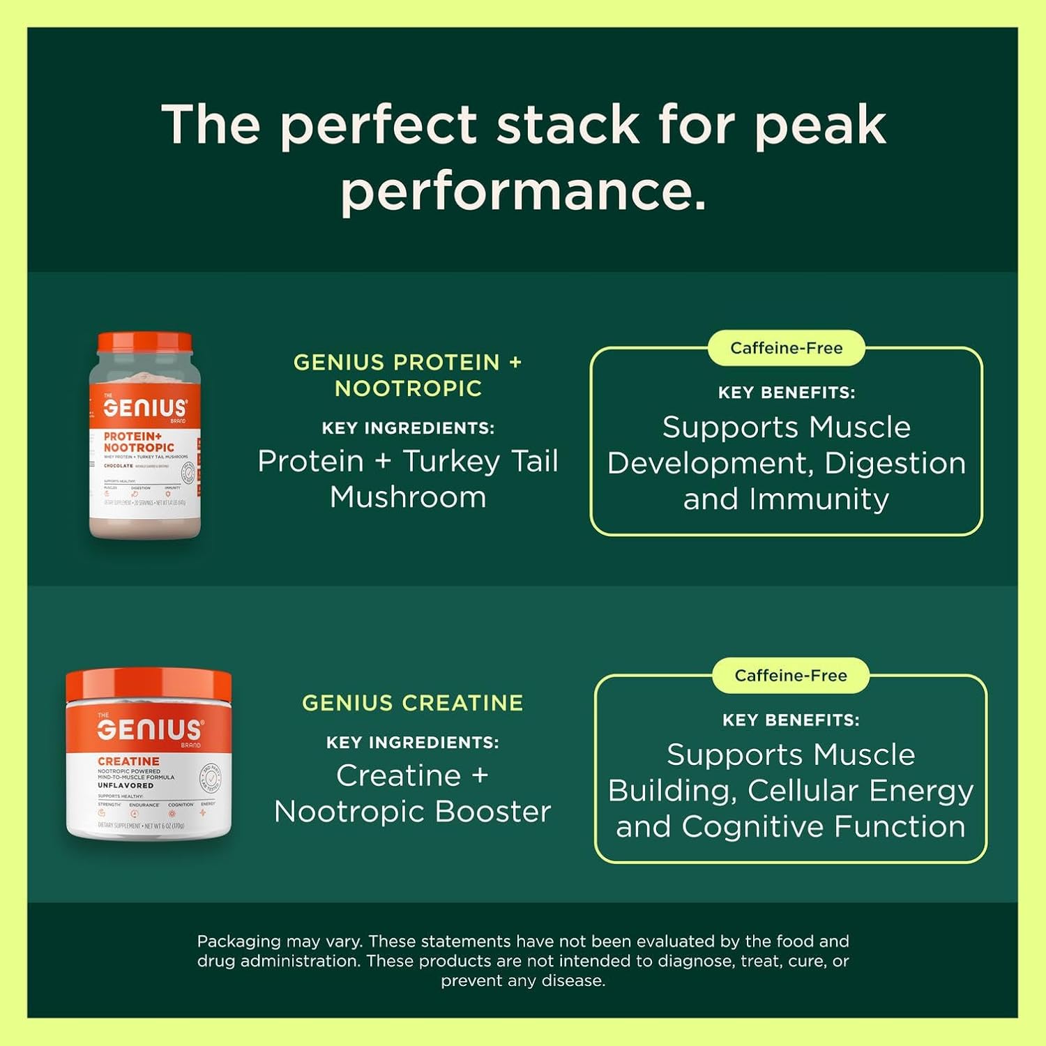 Advertisement for Genius Protein + Nootropic and Genius Creatine with product images and text on a green background.