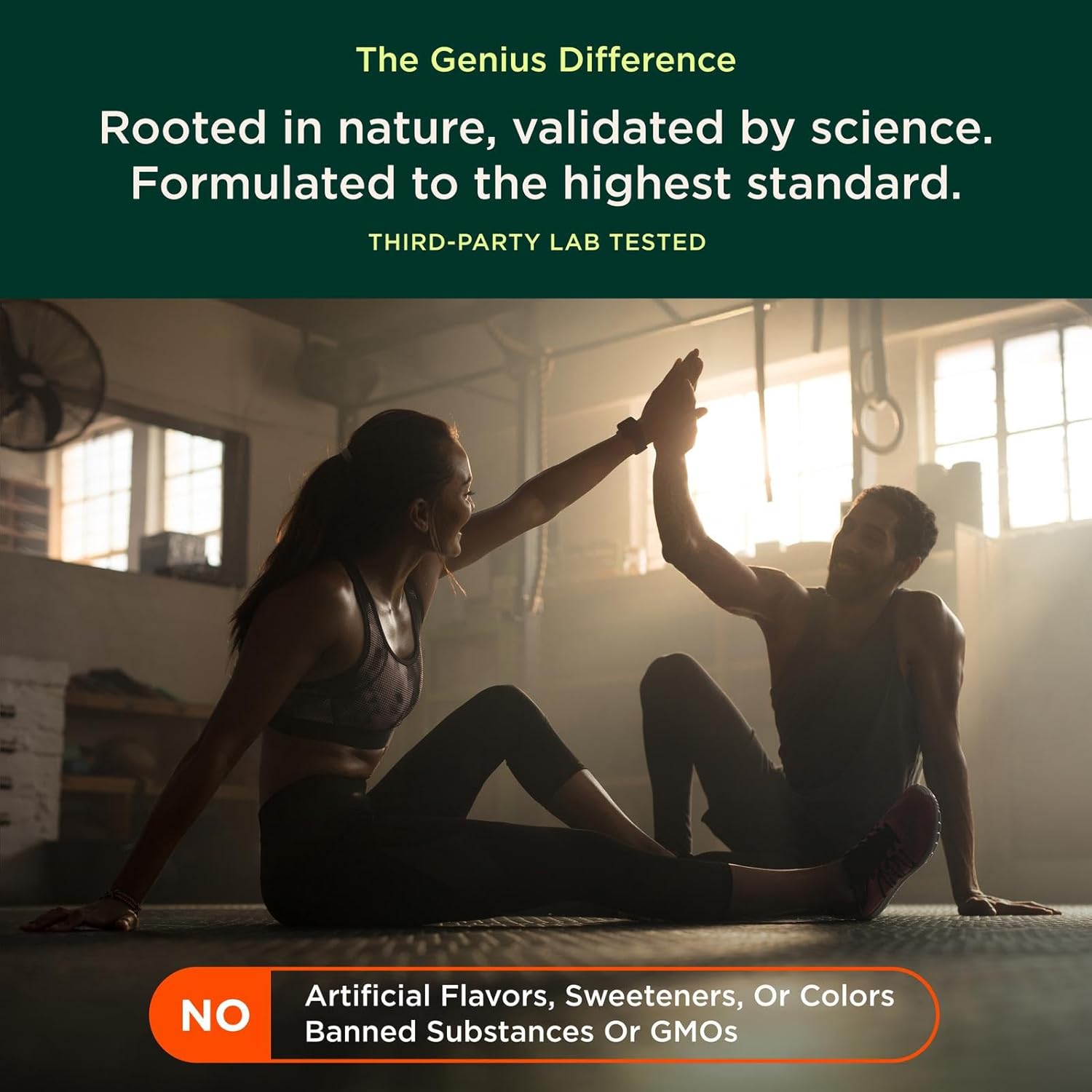 Two people high-fiving in a gym with promotional text about product quality and ingredients.