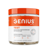 A container of Genius Test dietary supplement with the label displaying brand and product name, along with benefits such as supporting healthy testosterone, stamina, and muscle.