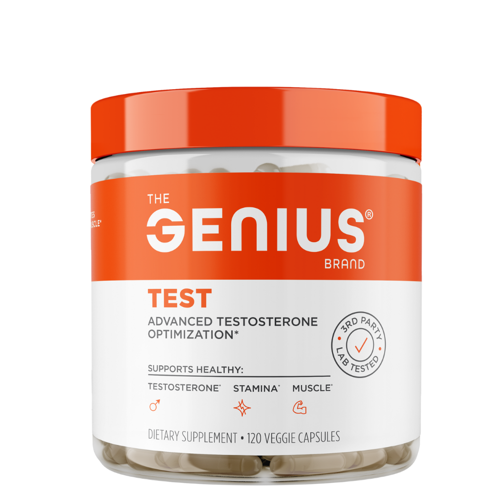 A container of Genius Test dietary supplement with the label displaying brand and product name, along with benefits such as supporting healthy testosterone, stamina, and muscle.
