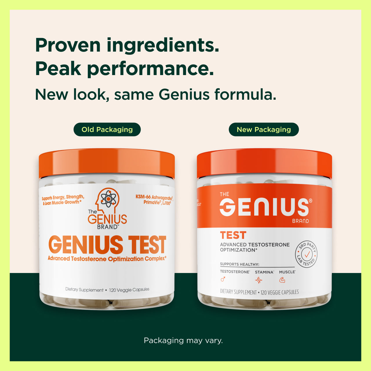 Two containers of 'Genius Test' supplement with text about proven ingredients and peak performance on a green background.