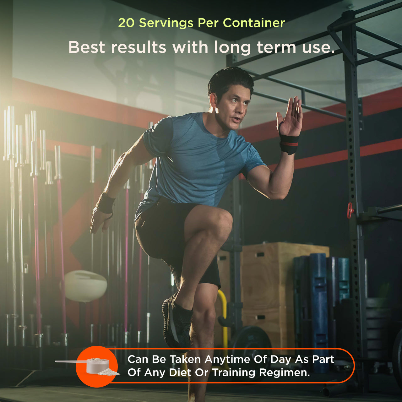 Person exercising in a gym with text about product servings and usage.