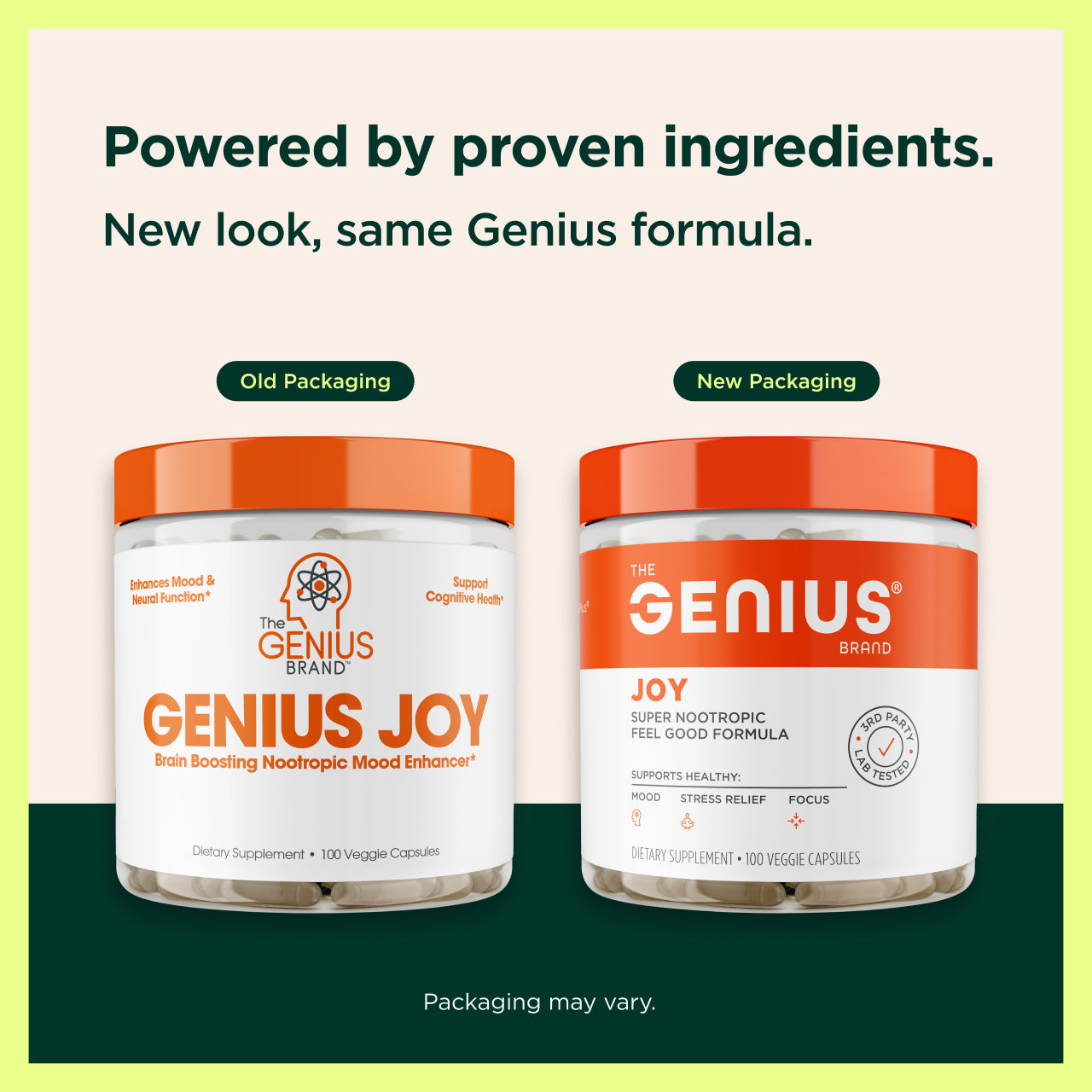 Two containers of 'Genius Joy' supplement with text about proven ingredients and new packaging design.