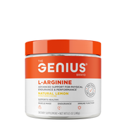 A container of Genius L-Arginine supplement with natural lemon flavor, primarily orange and white in color with branding and product information.