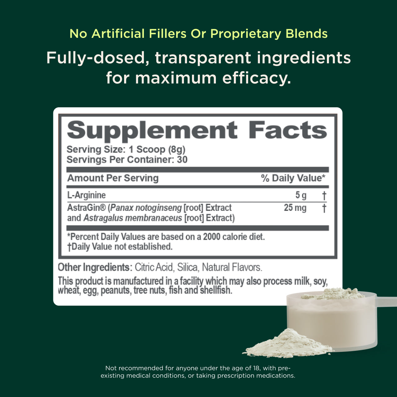 Supplement facts label with a scoop of powder on a green background