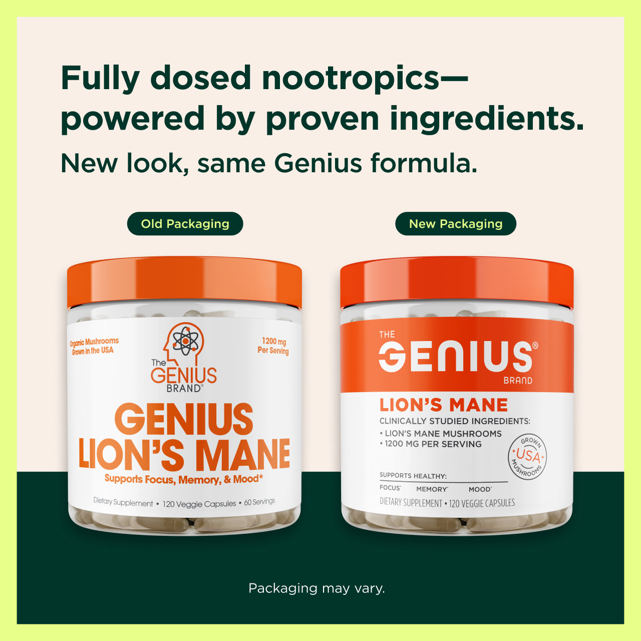 Two containers of Genius Lion's Mane supplement with text about new packaging and proven ingredients.