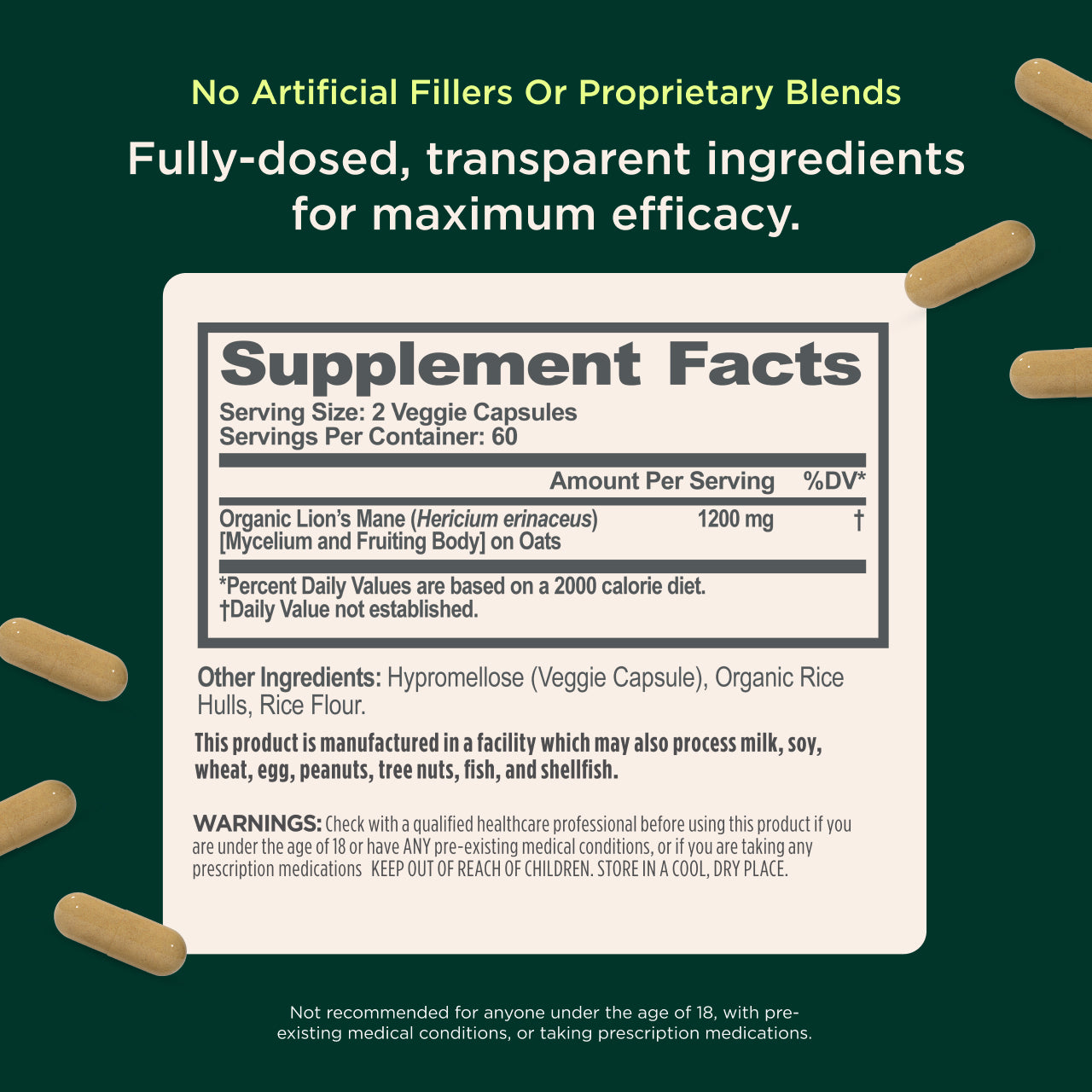 Supplement facts label with ingredients on a green background with capsules.