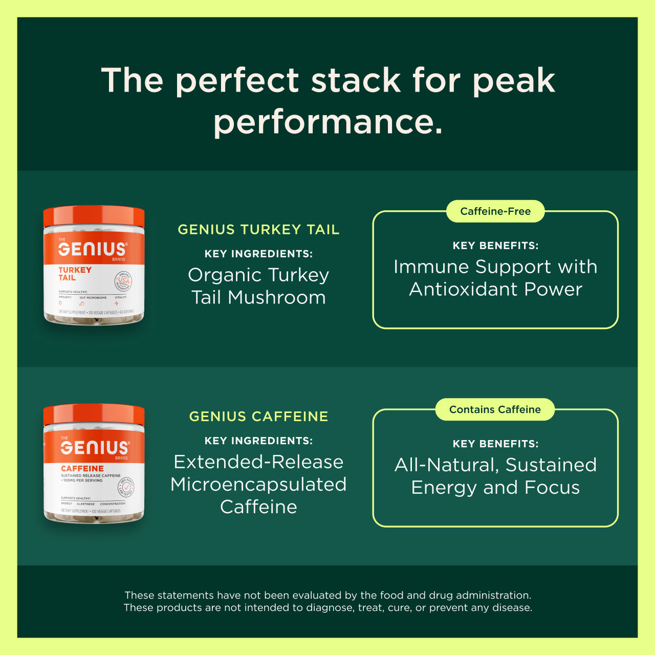 Two supplement containers with text on a green background, highlighting ingredients and benefits.
