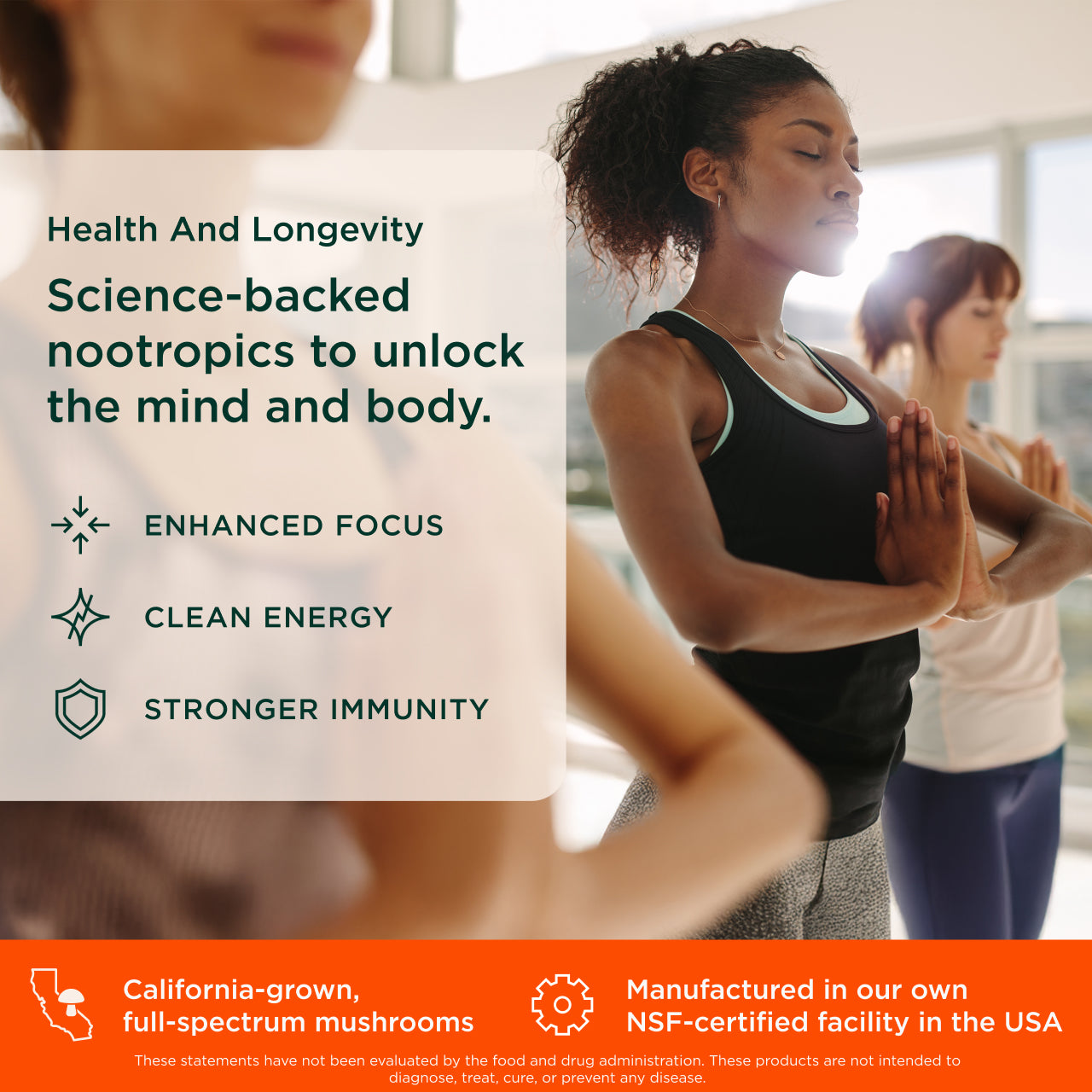 Two people practicing yoga with health and longevity science-backed nootropics text overlay.
