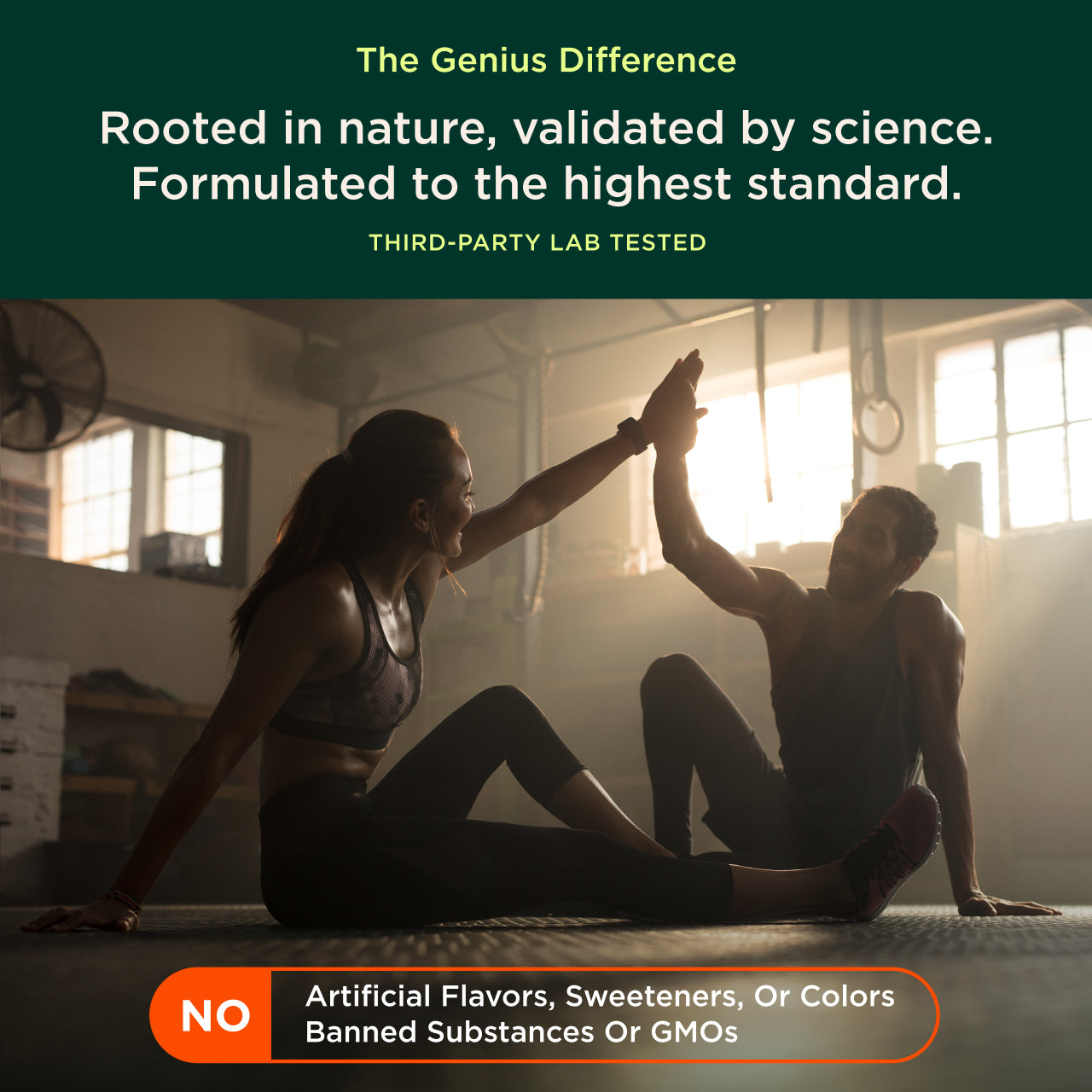 Two people high-fiving in a gym with promotional text about product quality and ingredients.
