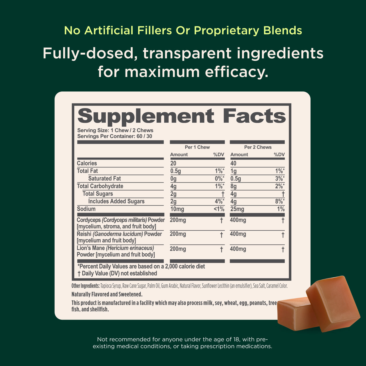 Supplement facts label with transparent ingredients on a green background