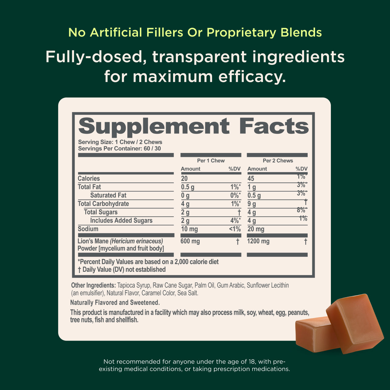 Supplement facts label with transparent ingredients on a green background