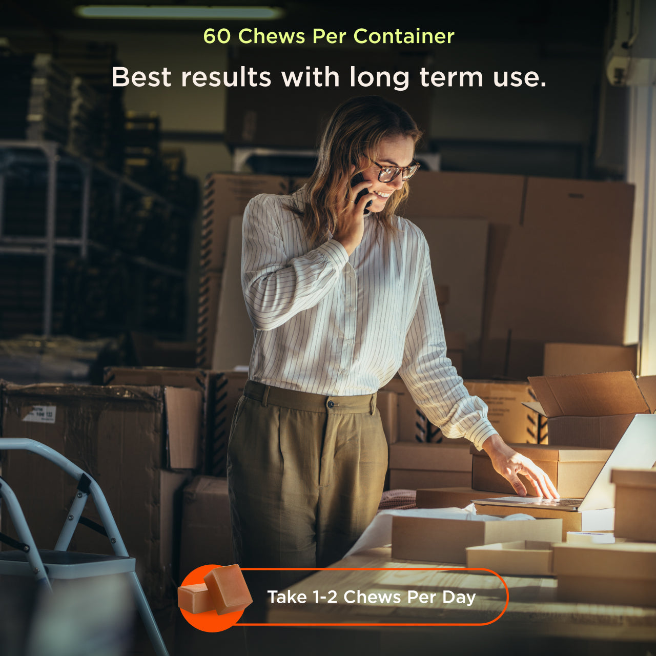 Person in a warehouse setting with text about chews per container and usage.