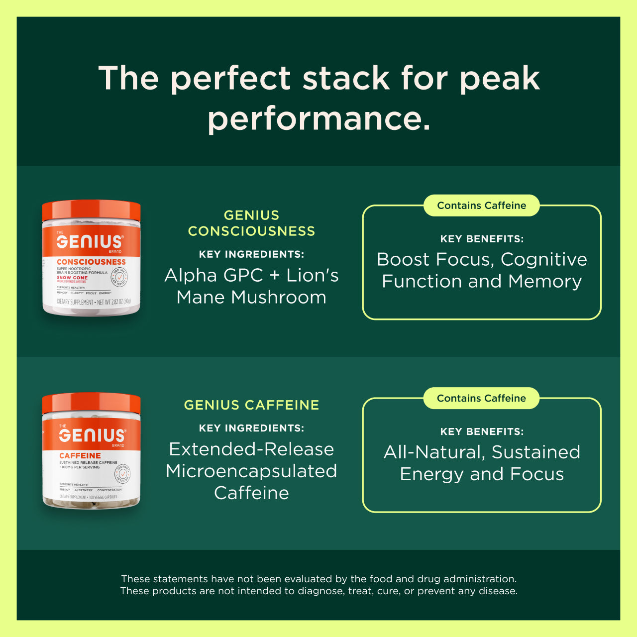 Two supplement containers with text on a green background, highlighting key ingredients and benefits.