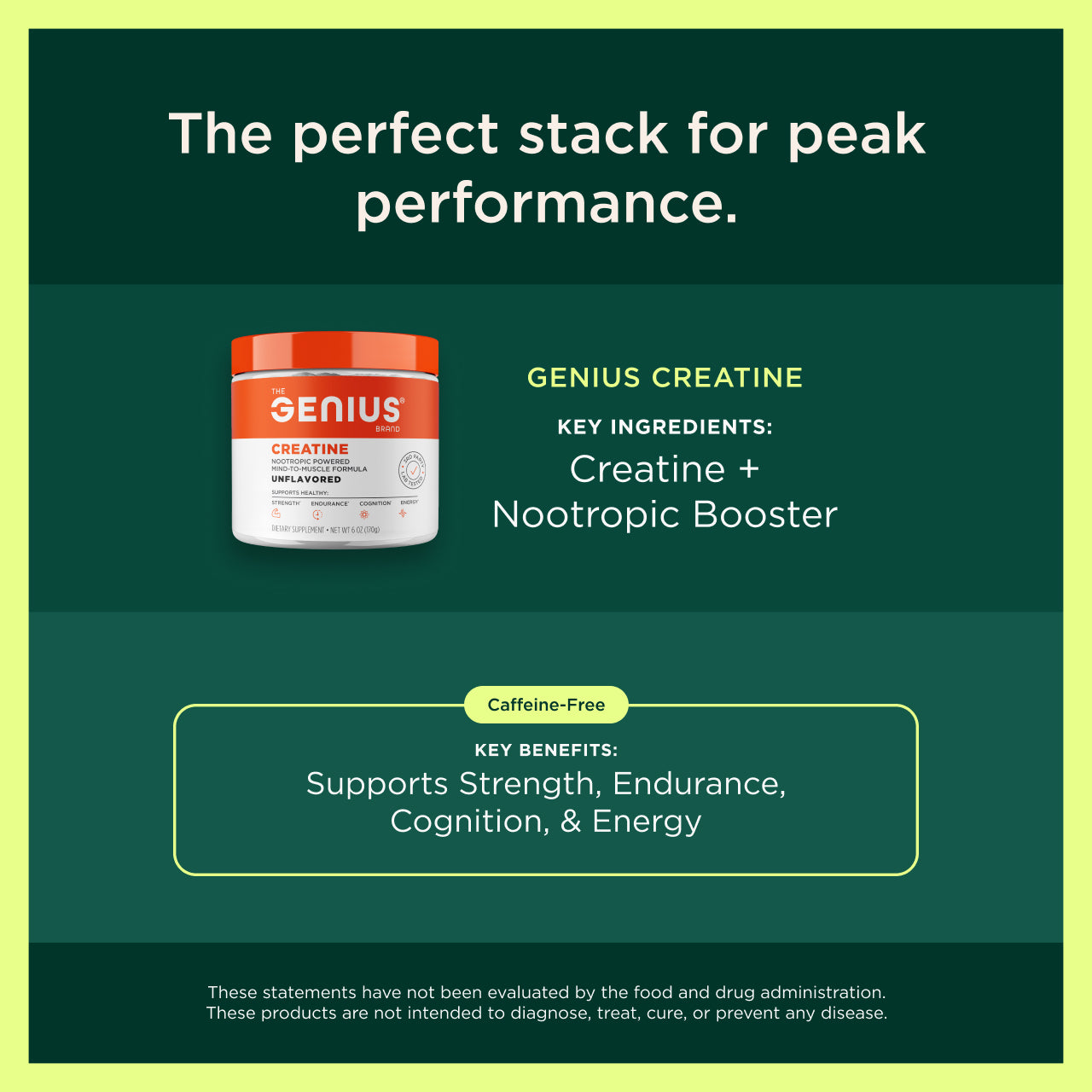 Advertisement for Genius Creatine with key ingredients and benefits on a green background