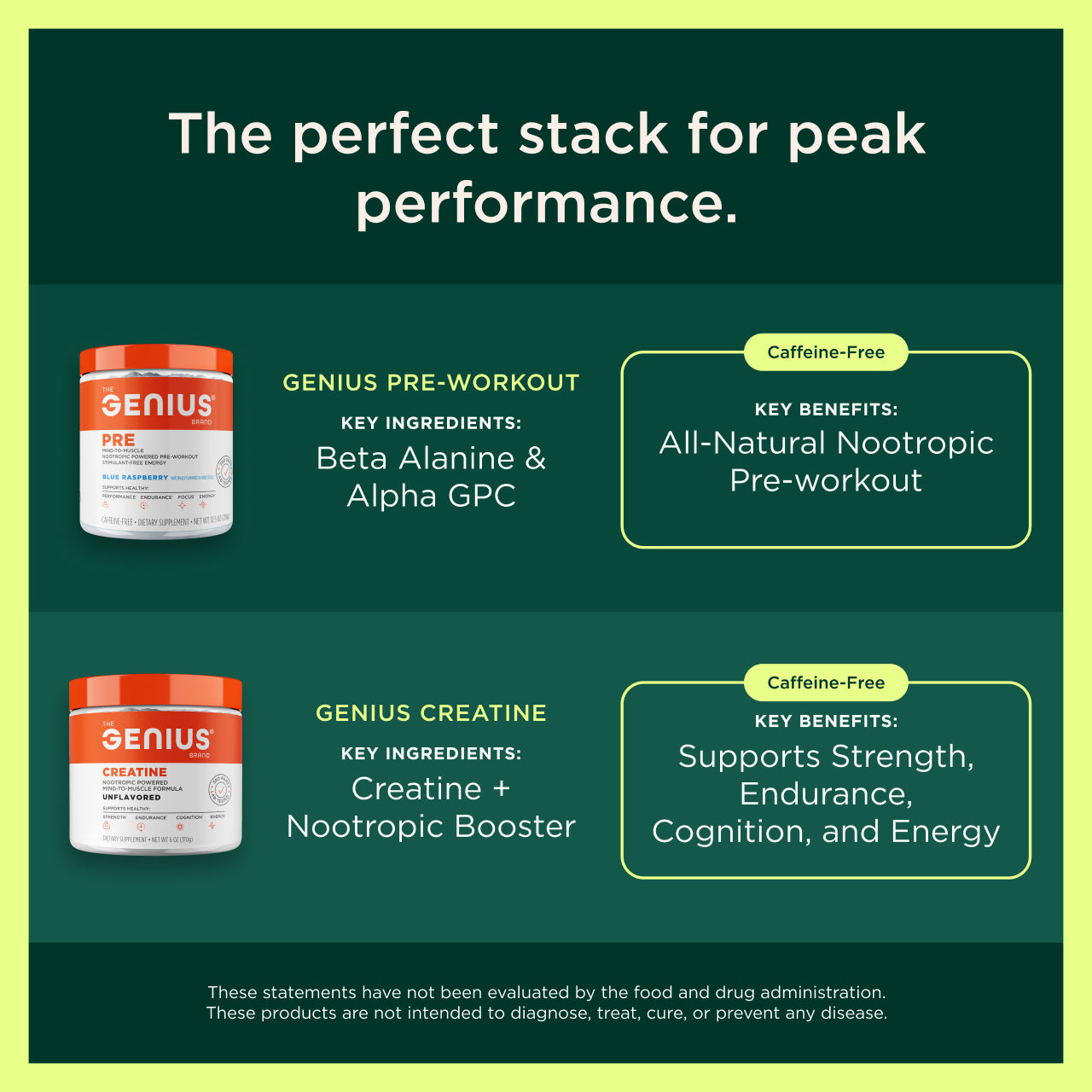 Advertisement for Genius pre-workout and creatine supplements on a green background