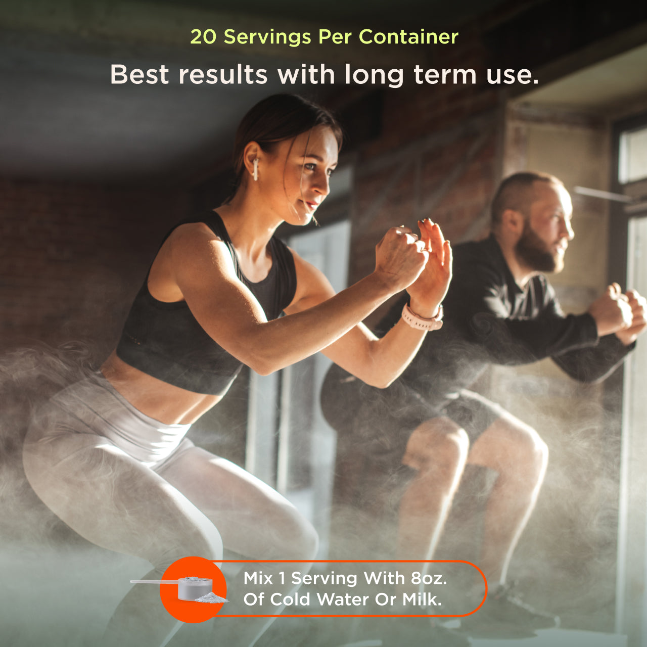 Two people exercising in a gym setting with text about product servings and usage.