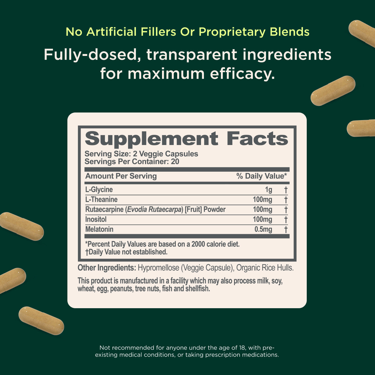 Supplement facts label with transparent ingredients on a green background