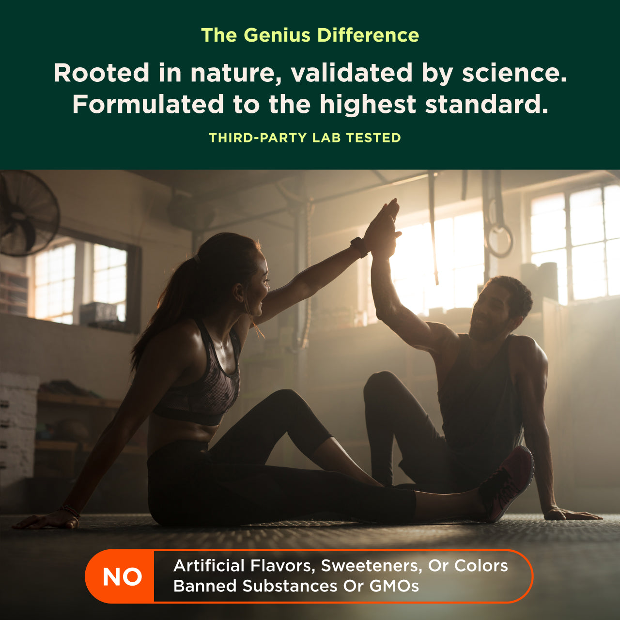 Two people high-fiving in a gym with promotional text about product quality and ingredients.