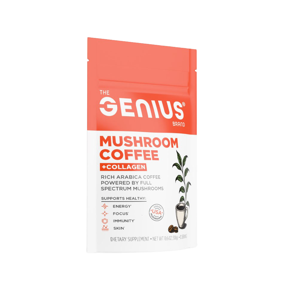 Package of 'The Genius Brand Mushroom Coffee + Collagen' on a white background