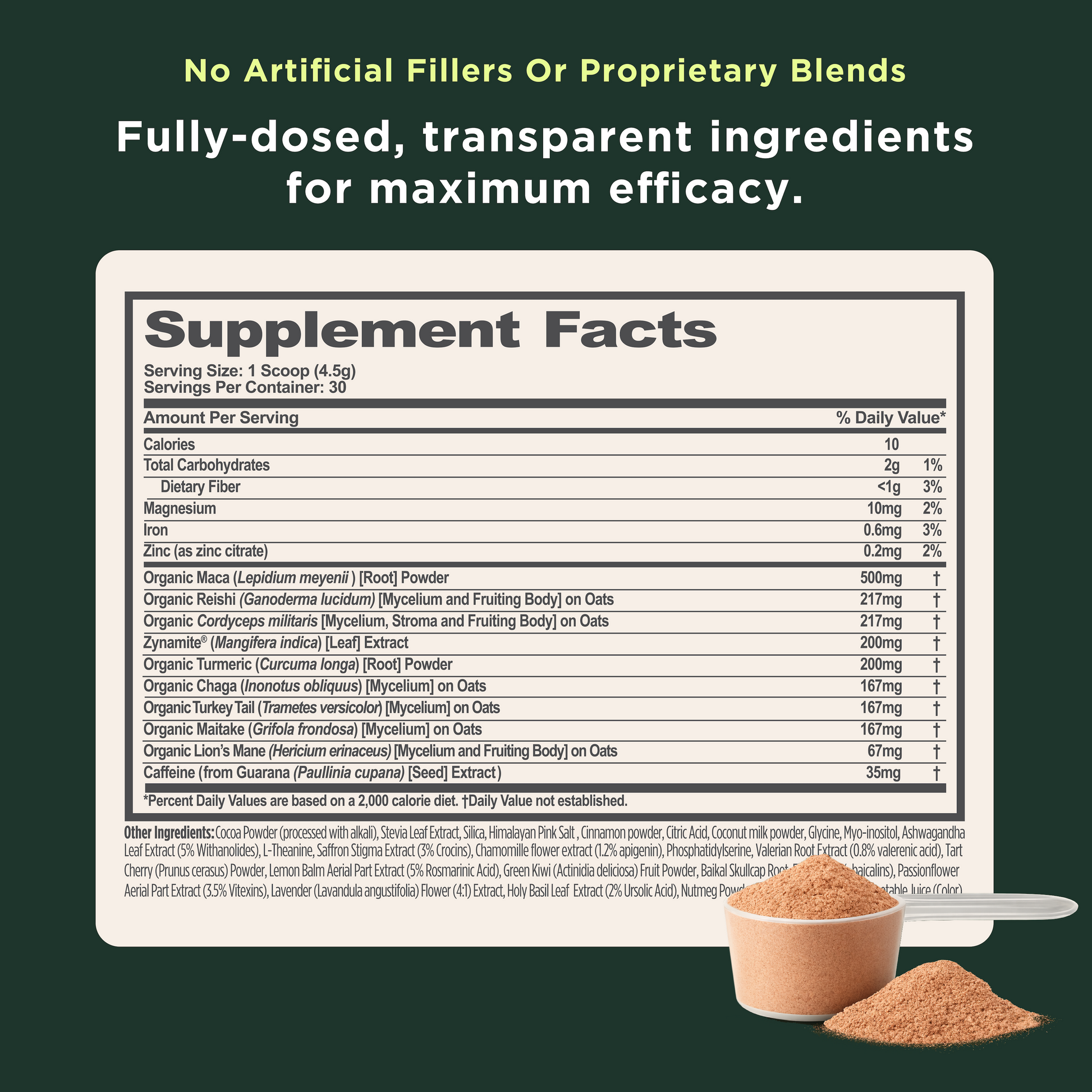 Supplement label with ingredients and dosing information on a green background