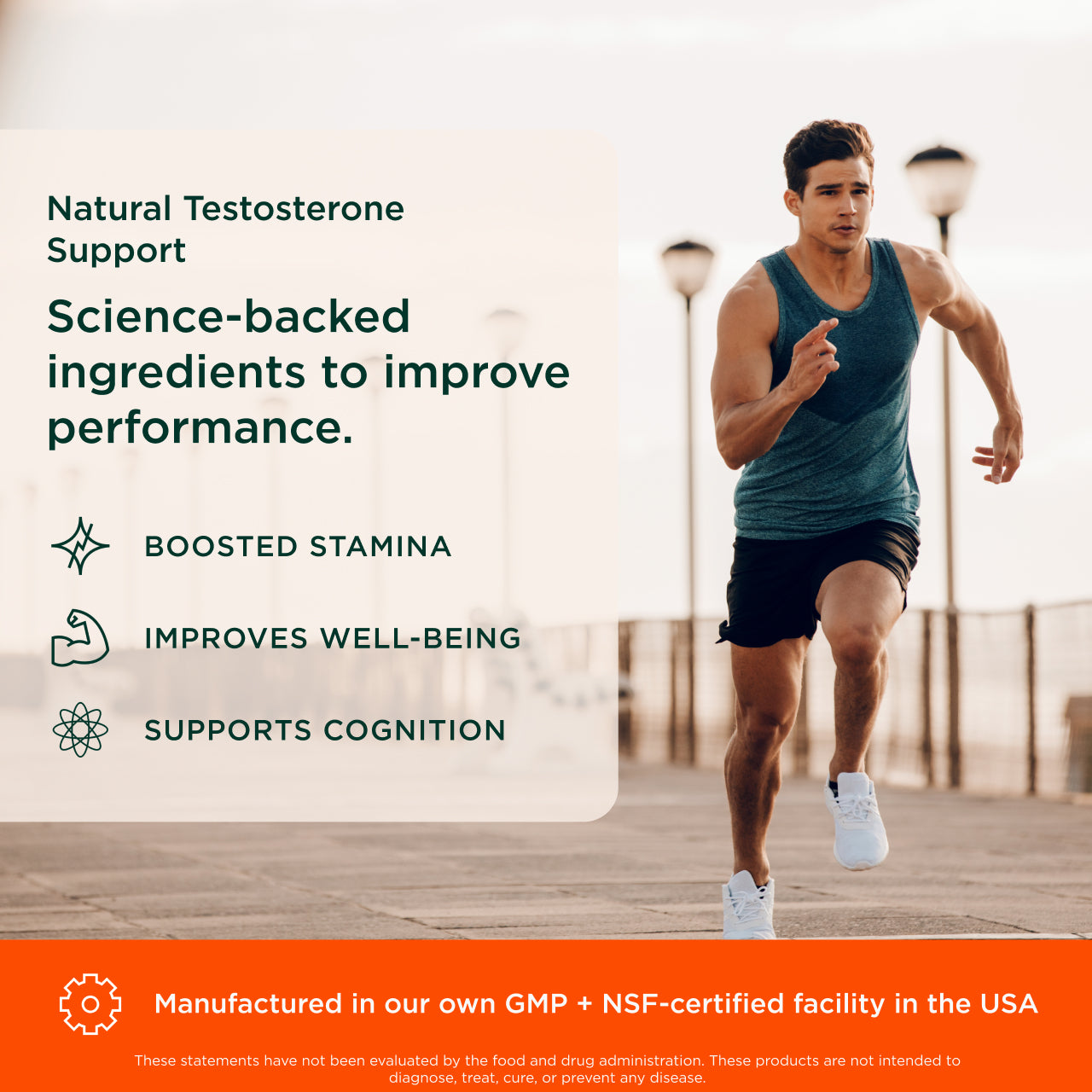 Man running on a path with text about natural testosterone support and science-backed ingredients.
