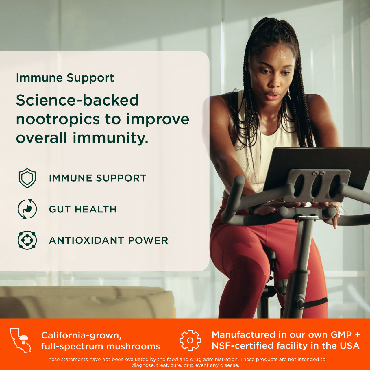 Woman exercising on a machine with text about immune support and nootropics.