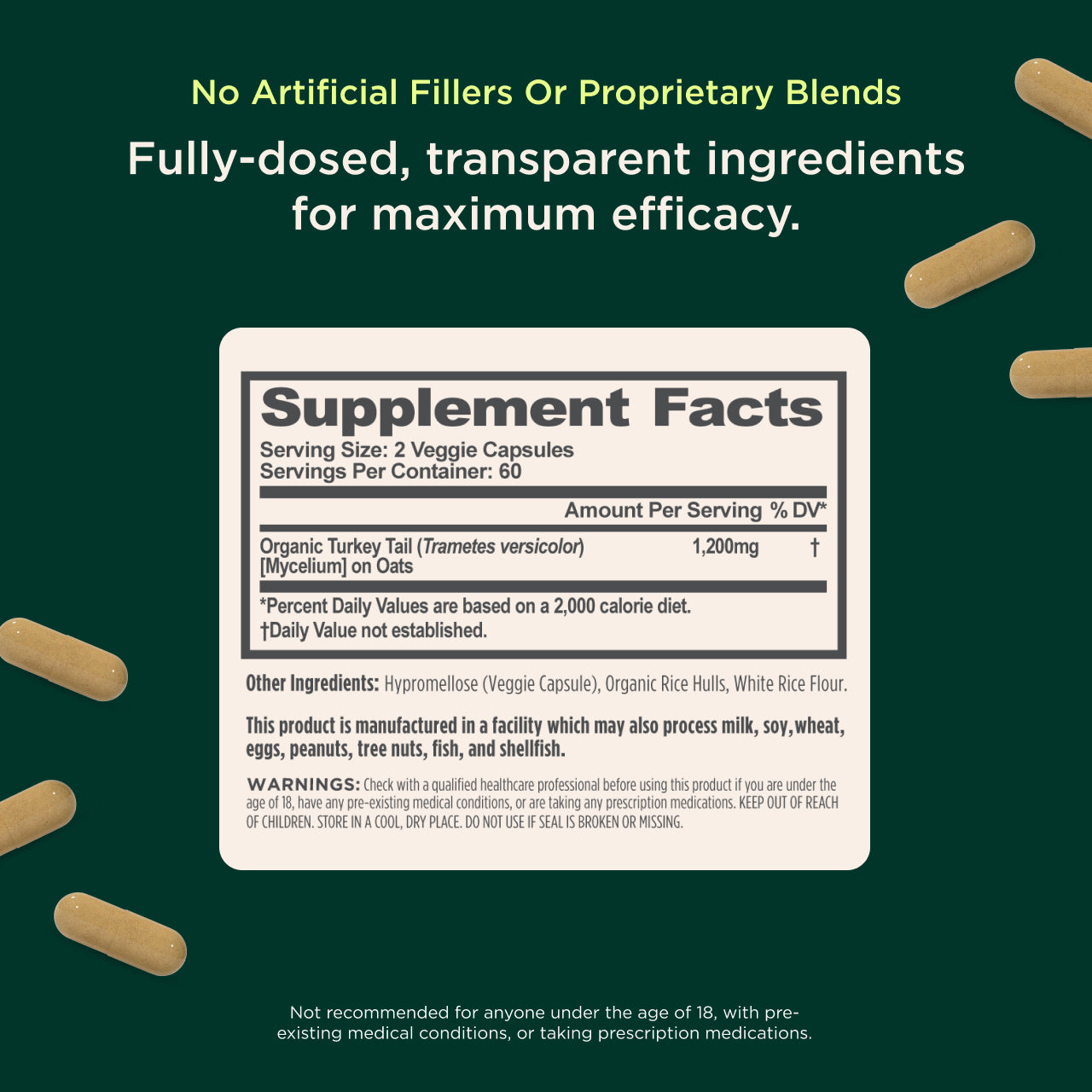 Supplement facts label with transparent ingredients on a green background