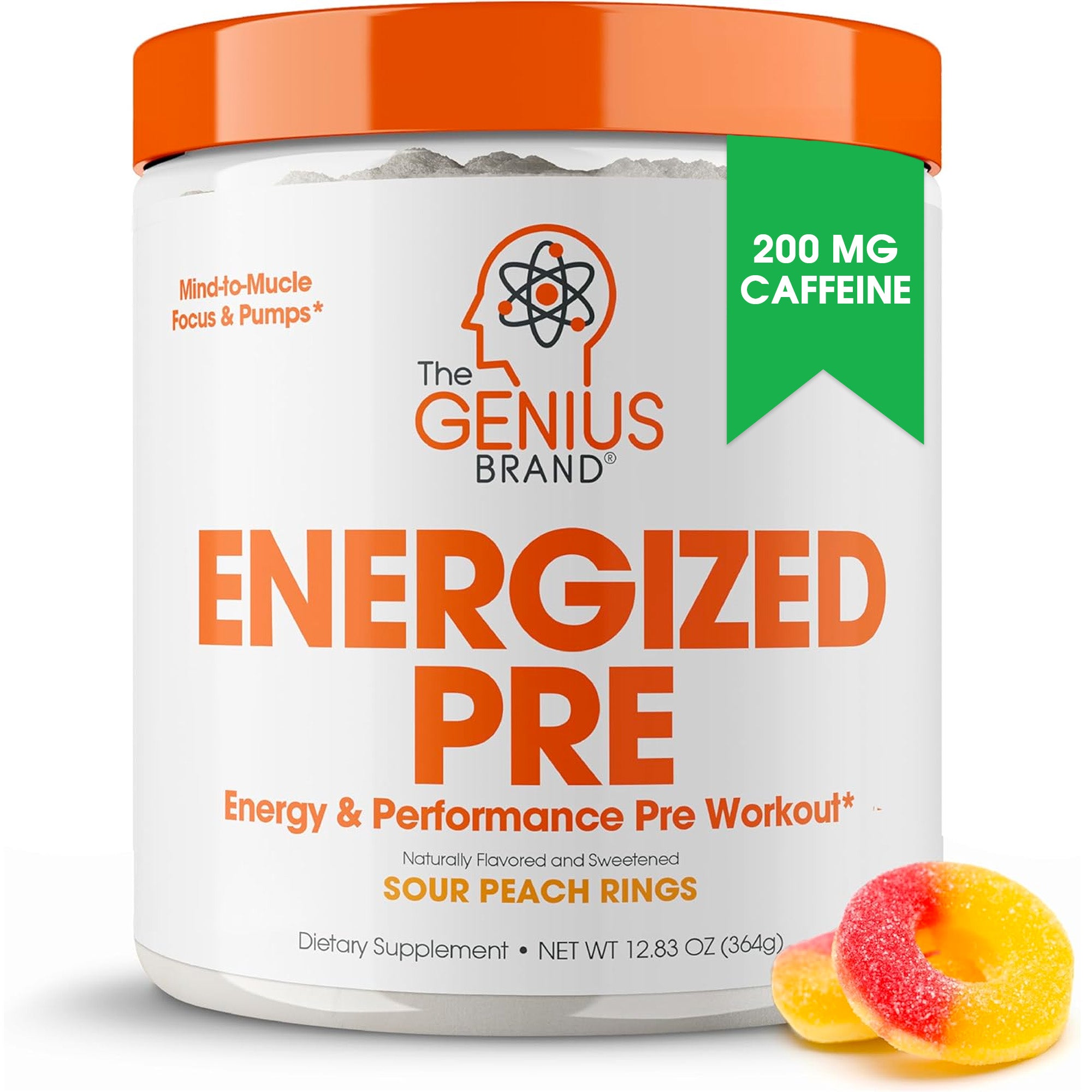 A container of Genius Energized Pre with blue raspberry flavor, which is a caffeine-powered nootropic-enhanced pre-workout supplement.